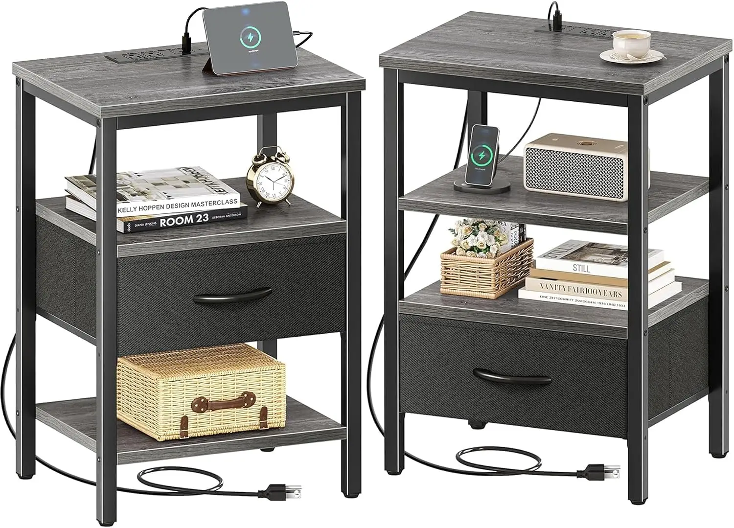 2 Pack Nightstands With Charging Station USB Port Bedside Tables For Bedroom Living Room Storage Drawer Charcoal Gray