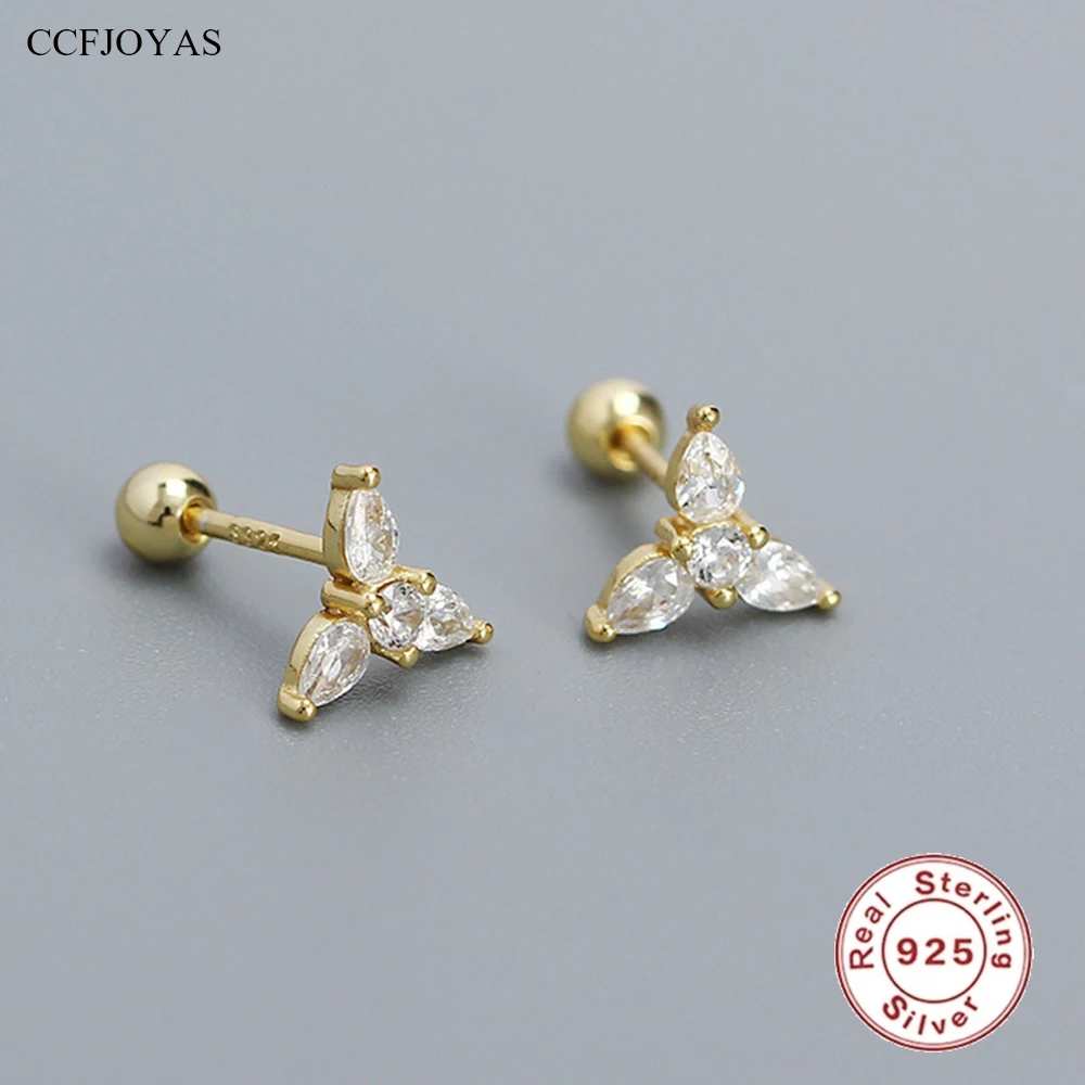 

CCFJOYAS 100% 925 Sterling Silver Triangular Water Drop Clear Zircon Stud Earrings Gold Silver color Pierced Earrings