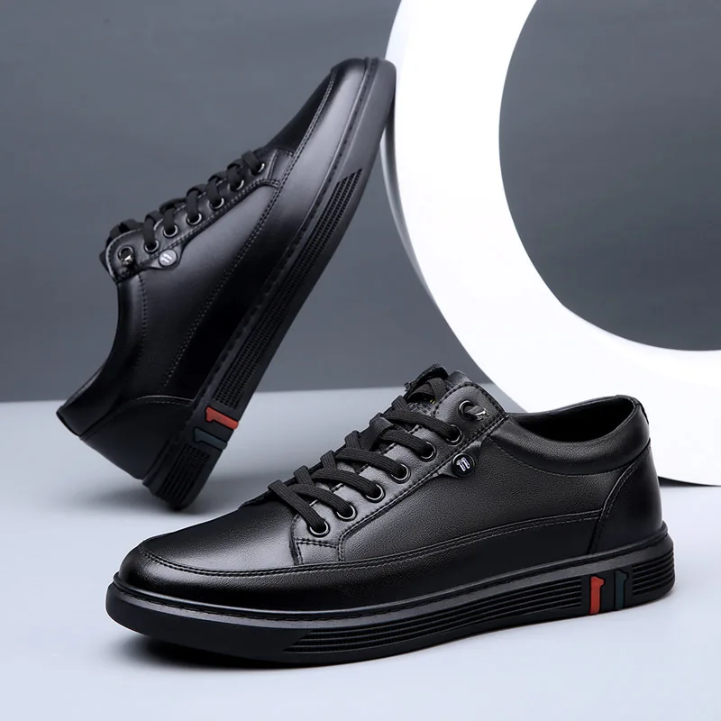 Shoes for Men Genuine Leather Casual Shoes Spring Autumn Cool Black Flat Skateboard Shoes Youth Fashion Slip-on Sneakers