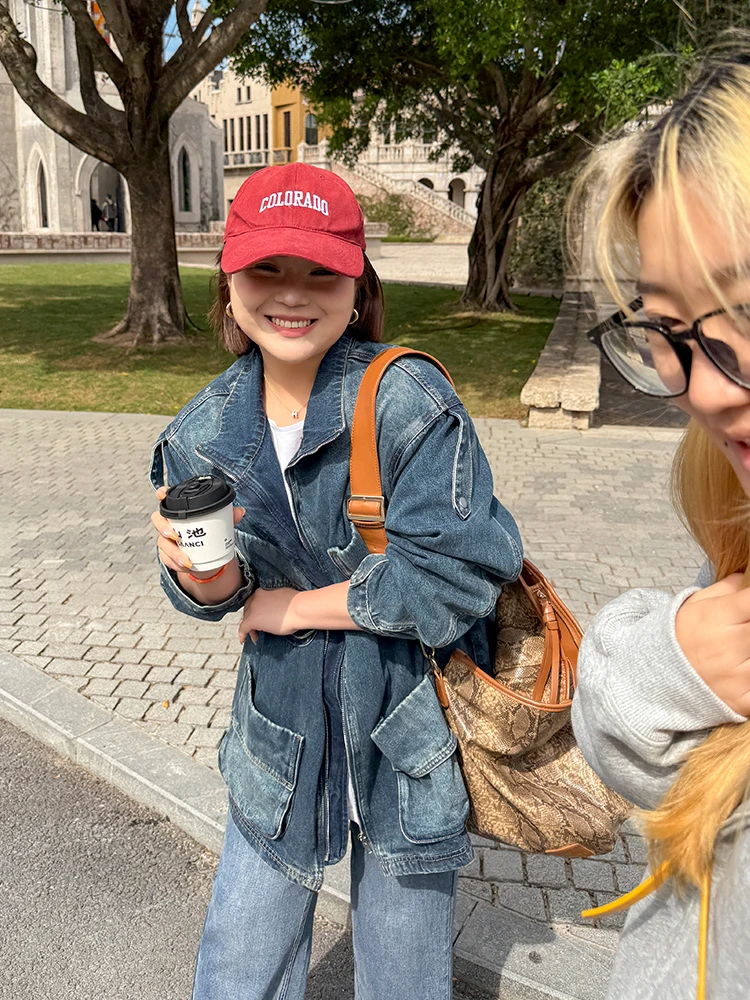 

Loose Large Size Denim Jaet with Multiple kets Workwear Sle Pure Cotton Spring Season Women's Faion Outerwear