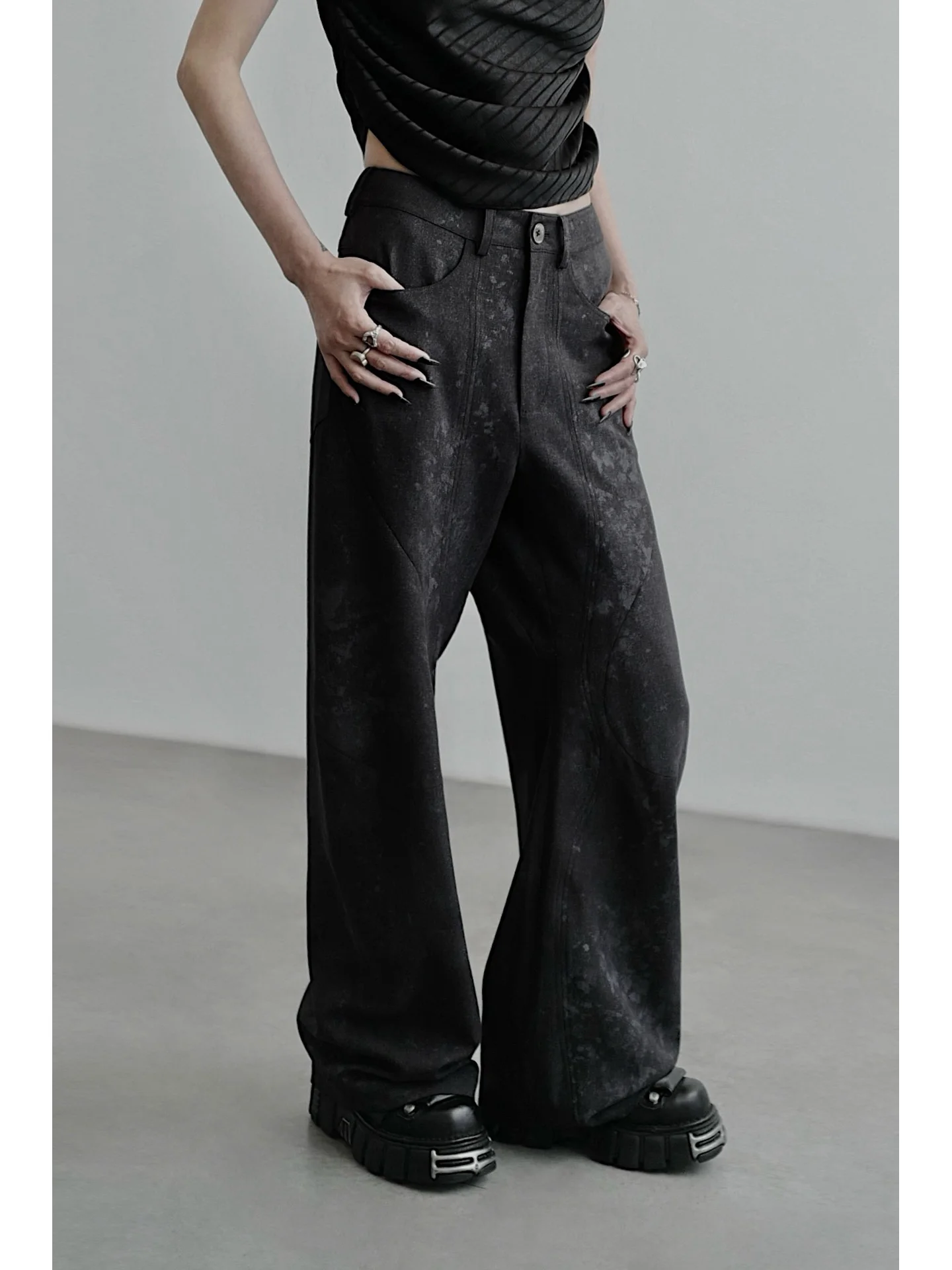 

Wide Leg Pants Unusual ape CHENTAITAI Commuter Sle Vintage ket Detail Loose Fit l Waist Zipper Closure