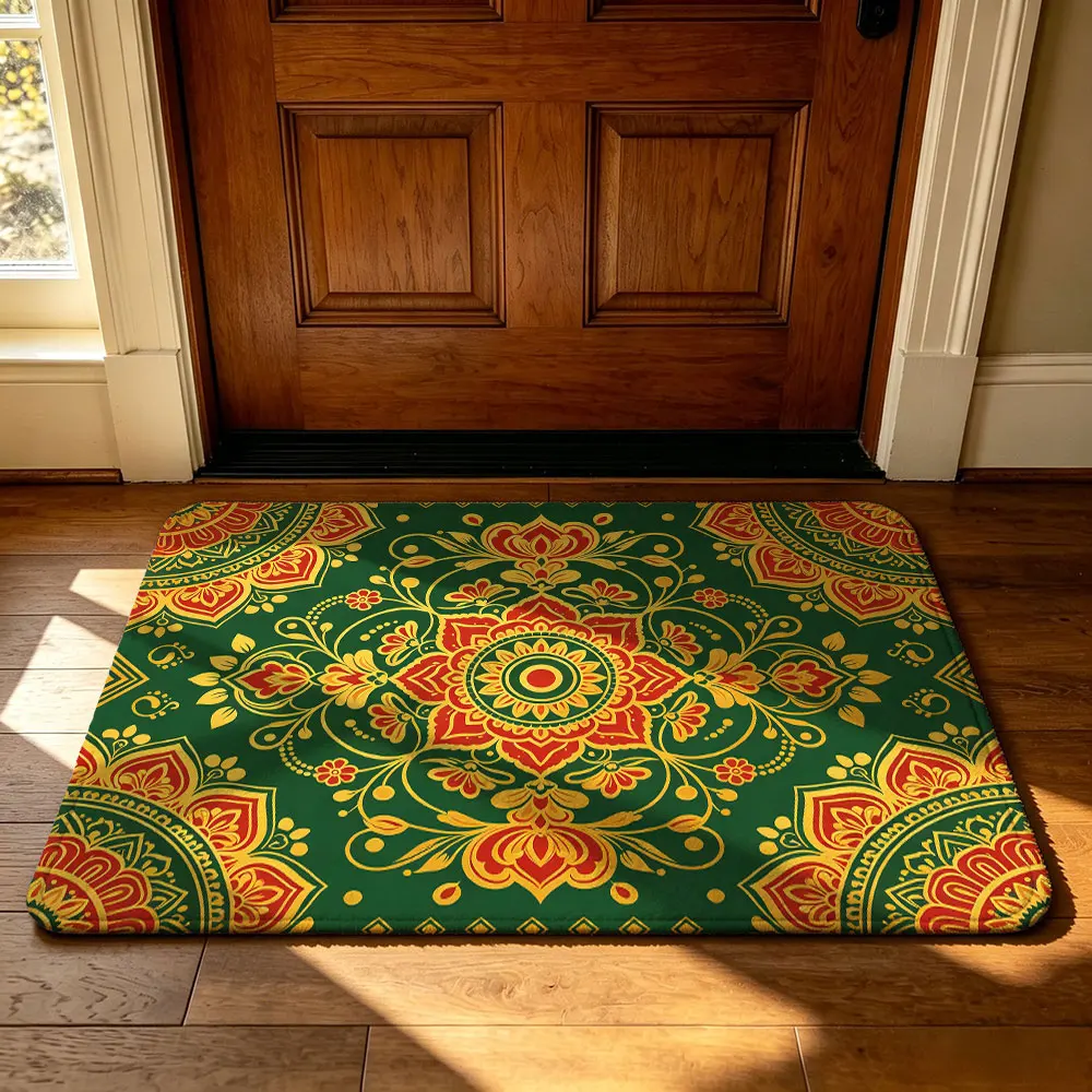 Tapis de Porte en Feutre à Motif Floral Mandala Vert et Or, Style Ethnique, Tapis d'Entrée Antidérapant et Lavable