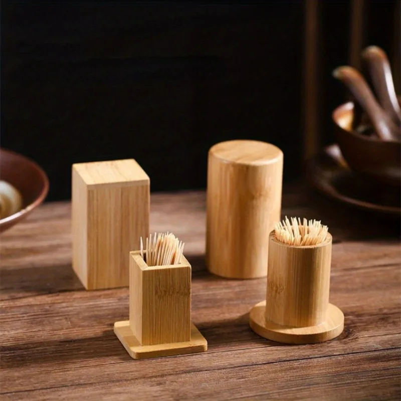 Bamboo Toothpick Box With Lid Portable Household Hotel Restaurant Kitchen Tooth Pick Holders Storage Boxes Decoration Tools 2PC