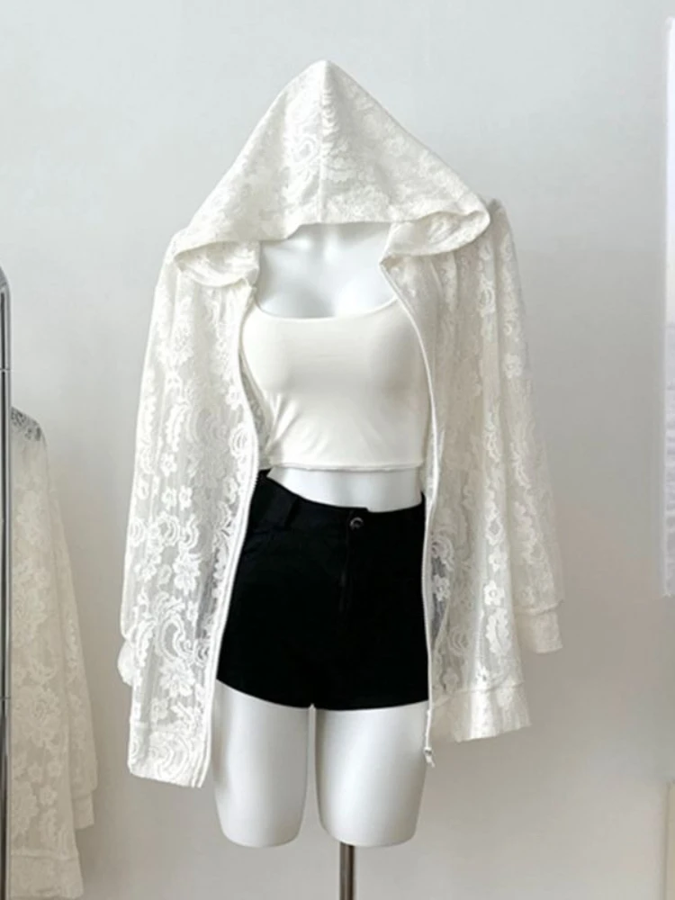 

Women's Sheer Lace Hooded Cover-Up - Lightweight Kimono Floral Cutouts Coat | Summer Beachwear & Urban Boho Sun Protection