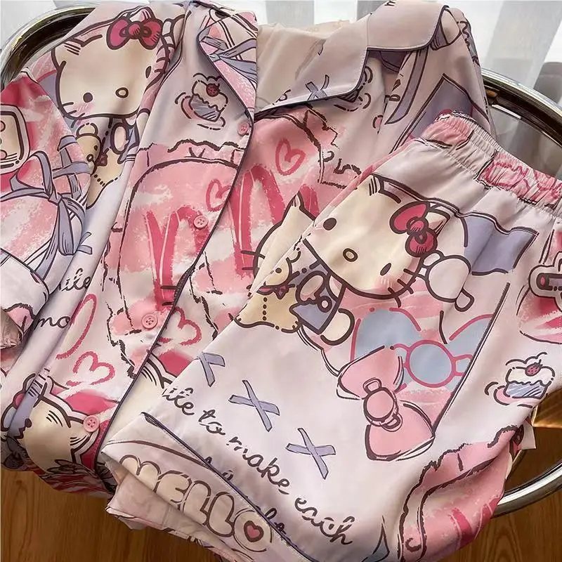 2026 New Cute Cartoon Hello Kitty Satin Sleepwear Set Women Short Sleeve Shorts Soft Comfy Summer Casual Fashion Home Loungewear view 4