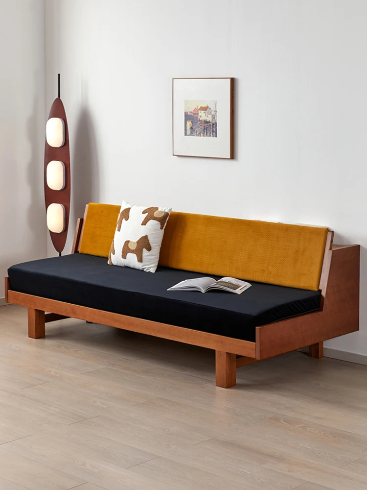 Classic solid wood retractable sofa bed, retro color matching cherry wood living room three-person sofa in the ancient style