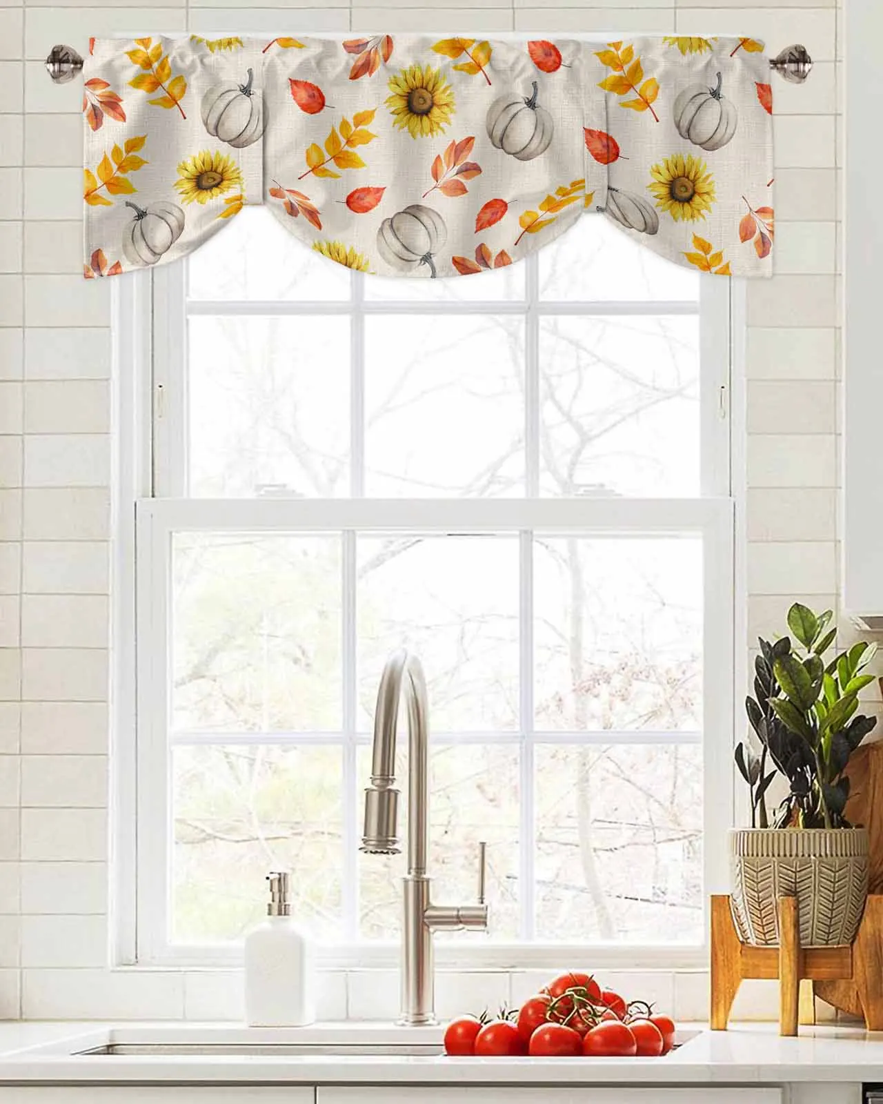 Autumn Sunflower Pumpkin Country Style Short Window Curtain Adjustable Tie Up Valance for Living Room Kitchen Window Drapes