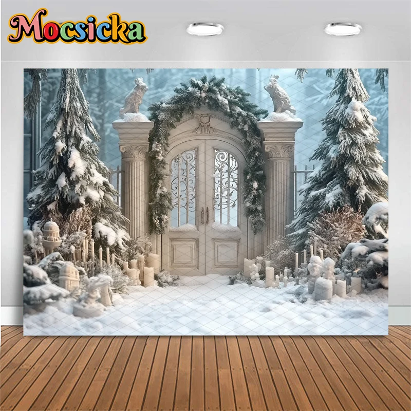 Mocsicka Winter Snowy Door Photo Background Xmas Tree Candle Christmas Newborn Portrait Photography Studio Decors Props Backdrop