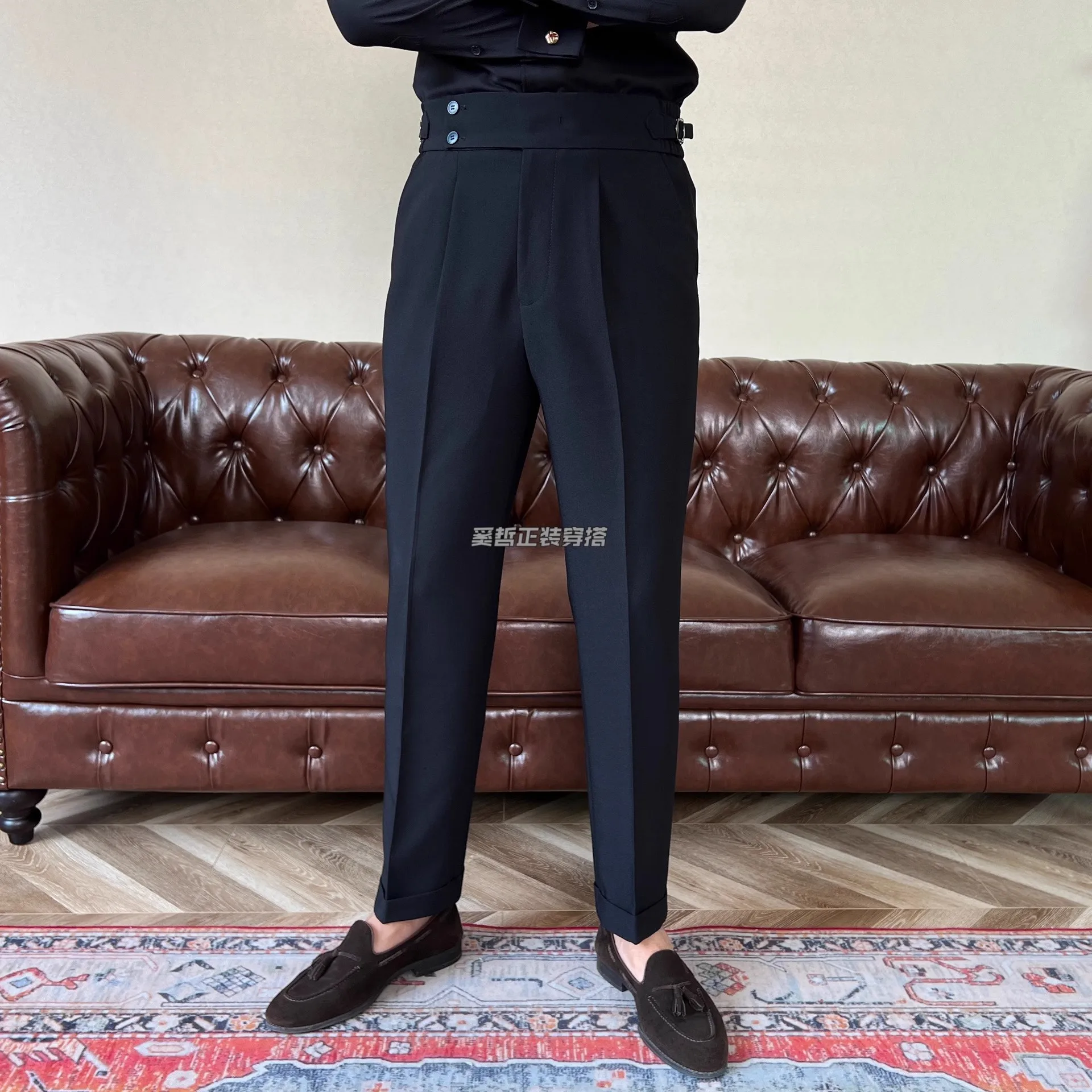 

Men's Black White Solid Color Casual High Wasit Trendy Simple Basic Daily Formal Suit Pants Male Ankle Length Trousers Clothes