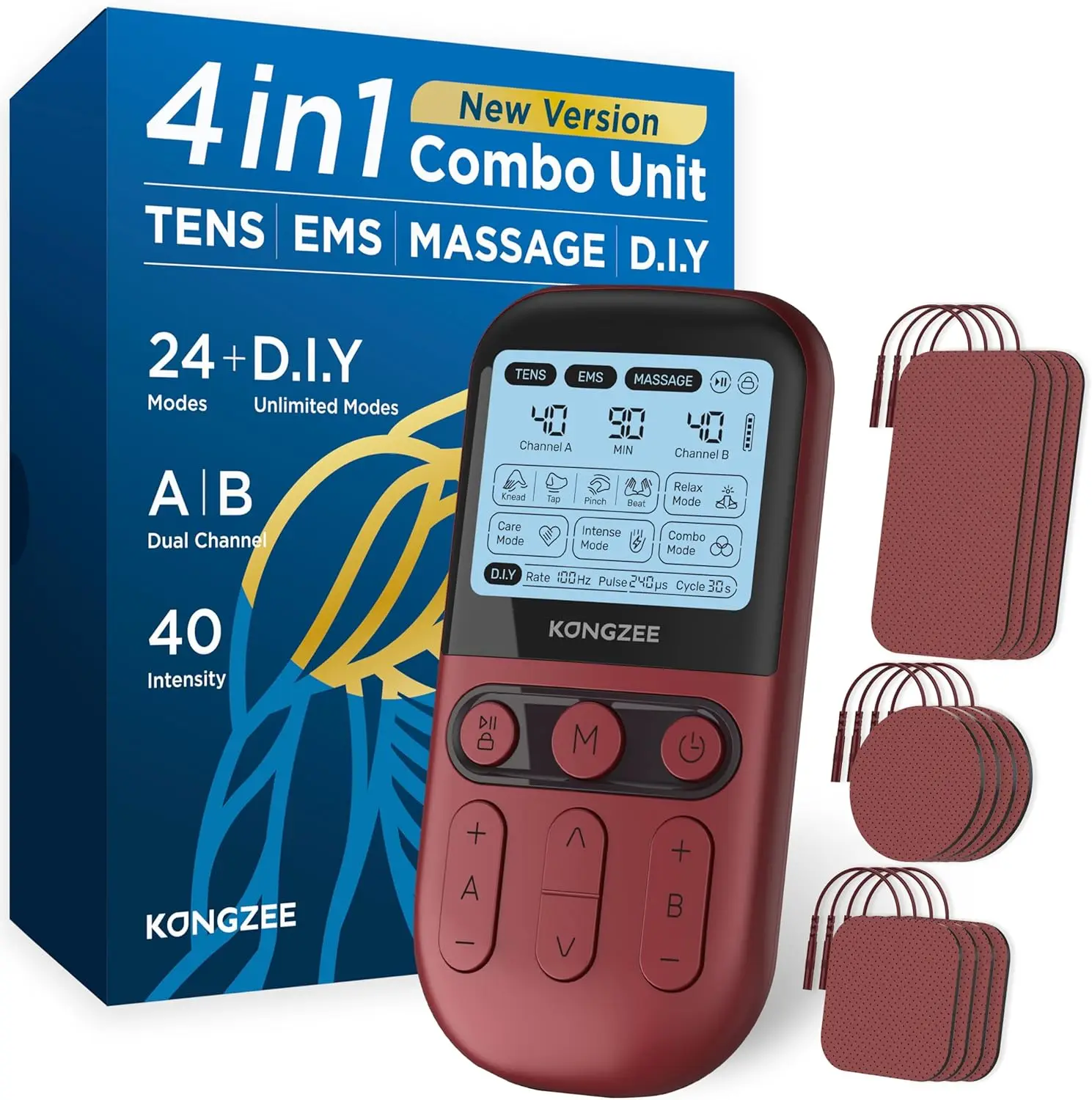 

4-in-1 TENS EMS Massage Stimulator for Pain Relief, Rechargeable with 12 Electrode Pads
