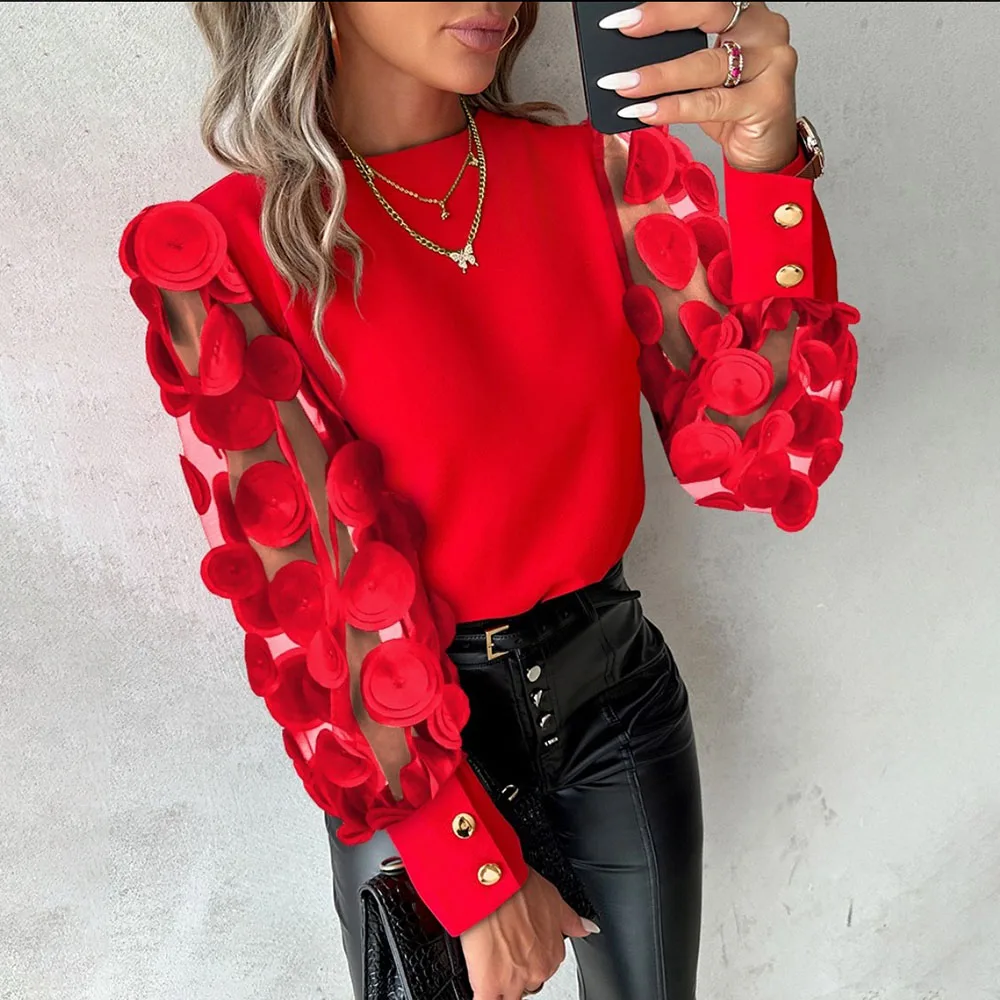 Fashion Lace Floral Tops Blouses Women 2024 Long Sleeve Elegant O-neck Loose Shirt Blouse Casual Shirts Spring Summer Ladies Top