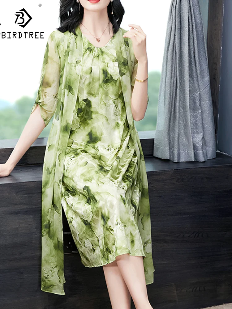 BirdTree, 89.8%Real Silk Elegant Dresses, Women V Neck Half Sleeve Printed, OL Oversize Party Mom Dress, 2024 Summer D44836QM