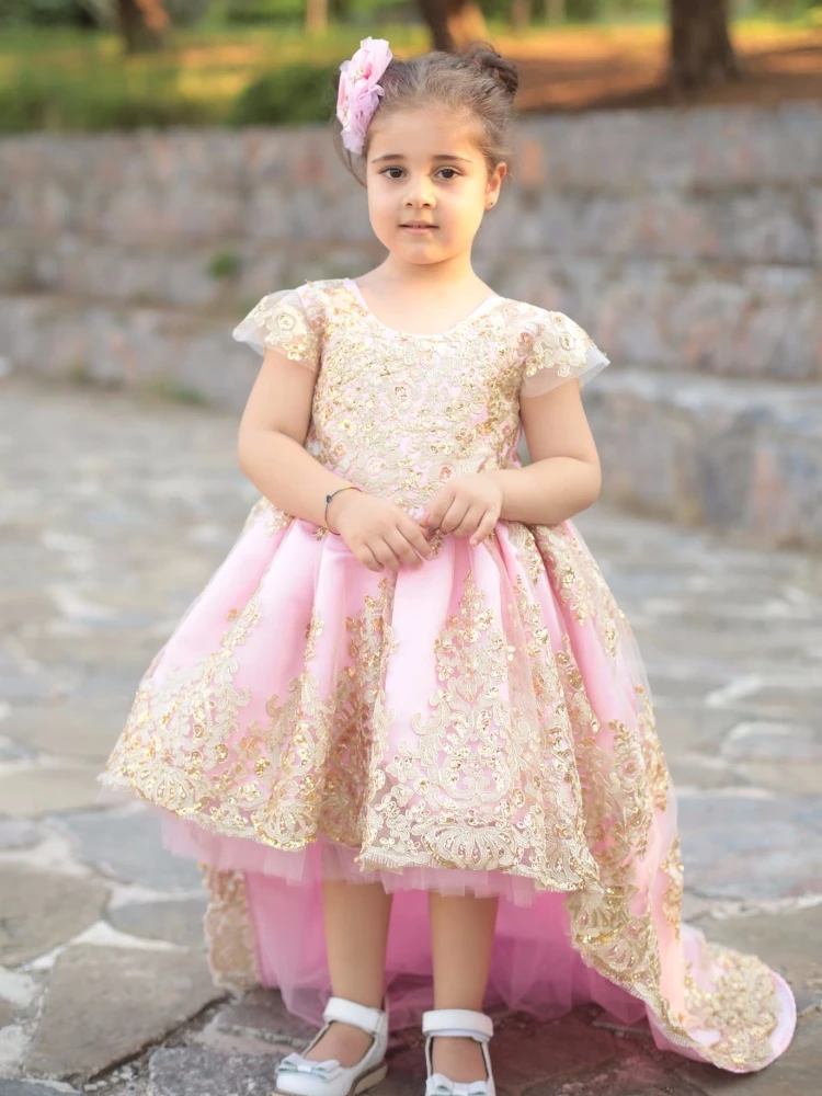 

Flower Girl Dresses Pink Tulle Gold Patterned Embroidery With Big Bow And Tailing Short Sleeve For Wedding Birthday Banquet Gown