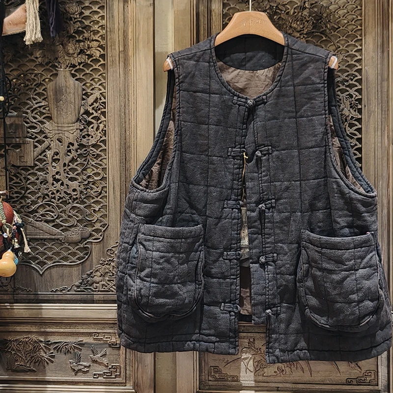 

Новое поступление 2025, осенне-зимний женский повседневный свободный однобортный жилет с круглым вырезом и карманами в стиле пэчворк, хлопковая верхняя одежда и пальто Y174