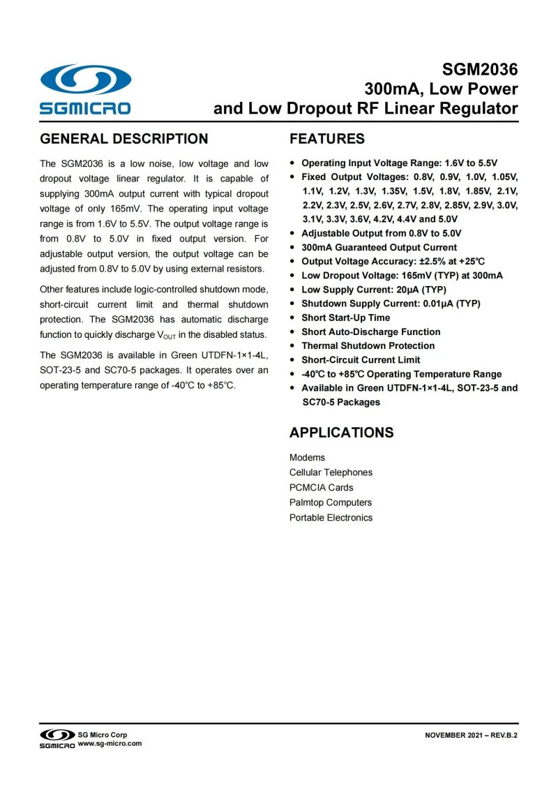 100 Buah/Lot SGM2036-2.8YN5G/TR SOT-23-5, Output Tetap 2.8V,300mA, Daya Rendah dan Regulator Linier RF Putus Sekolah Rendah, Elektronik