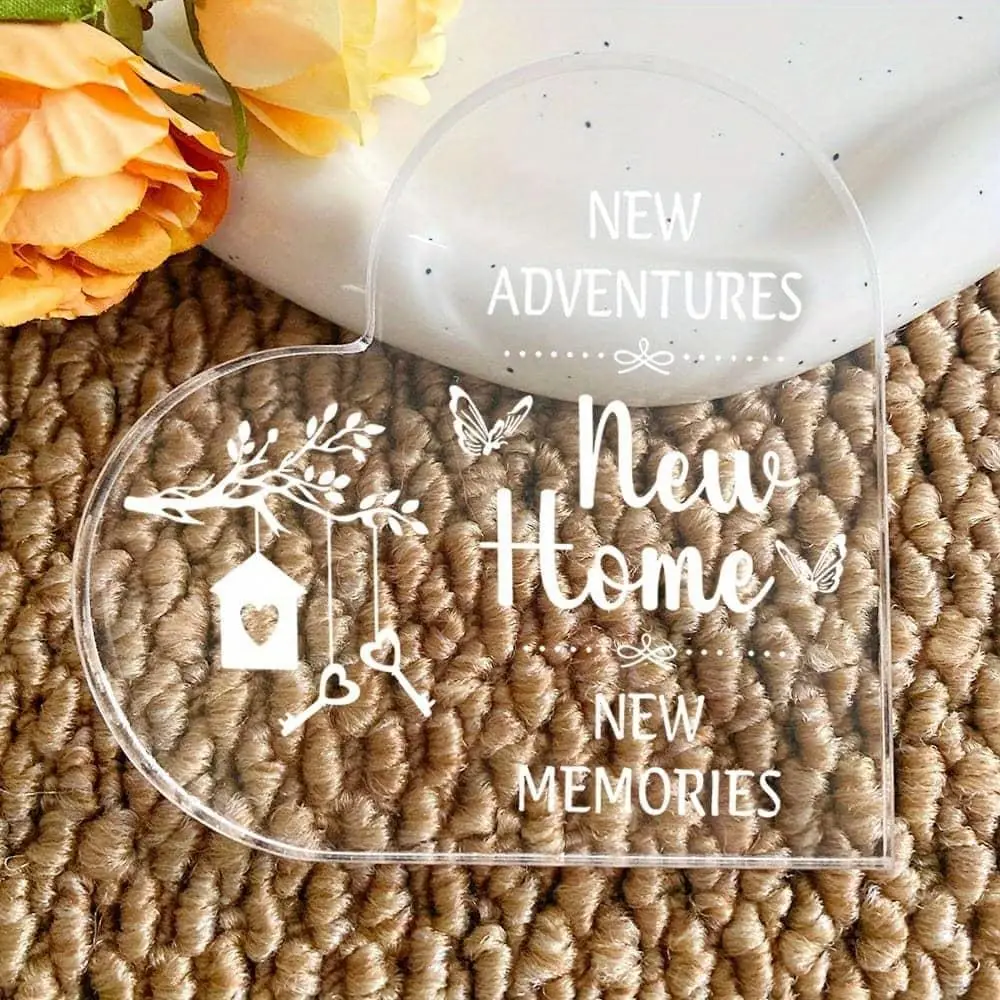 New Home New Memories Heart Acrylic Plaque, Housewarming Key Branch Silhouette Desk Keepsake Gift