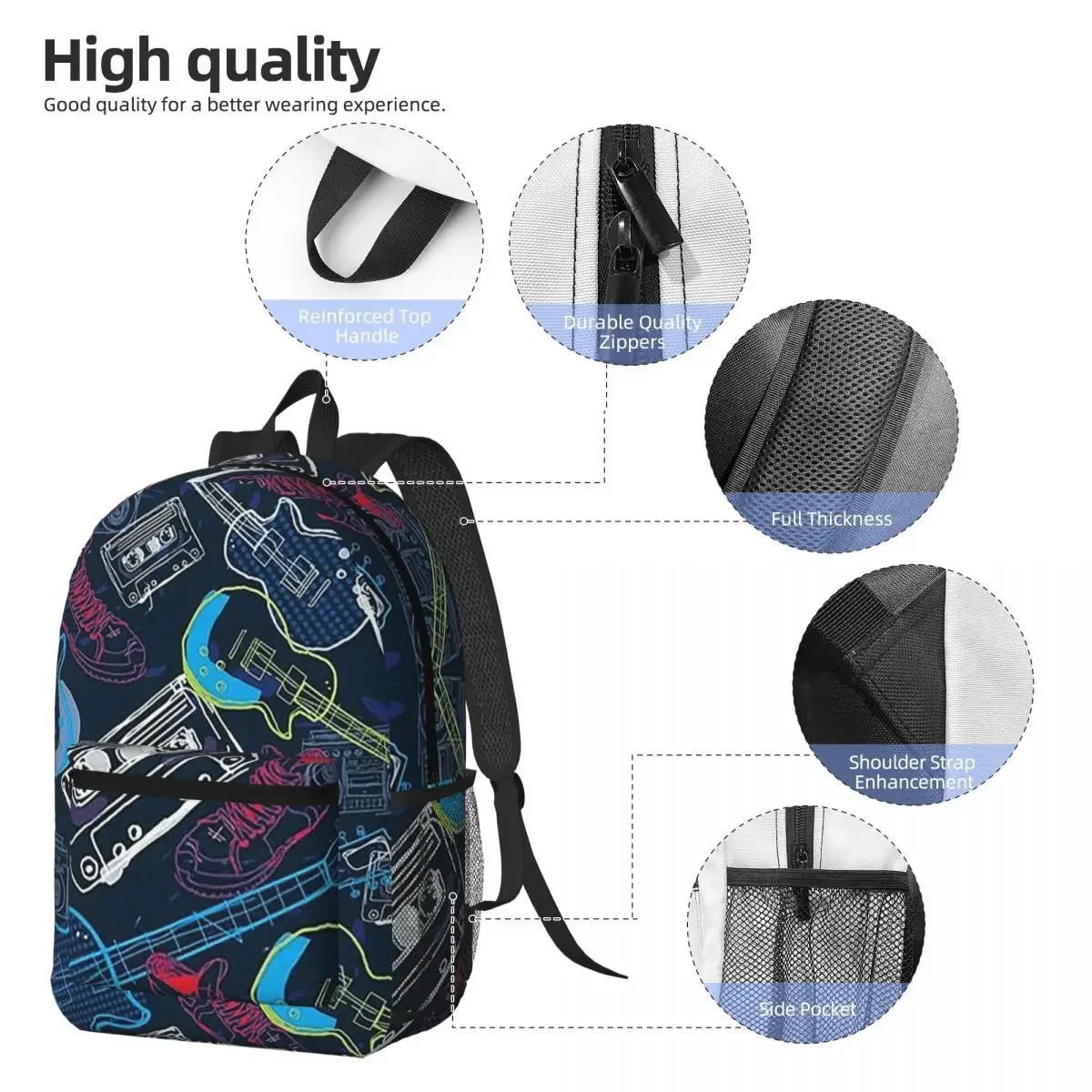 Colorful Acoustic And Electric Guitars Backpack Daypack Large Capacity Children BookBag School Bag Shoulder Bags for Men Women