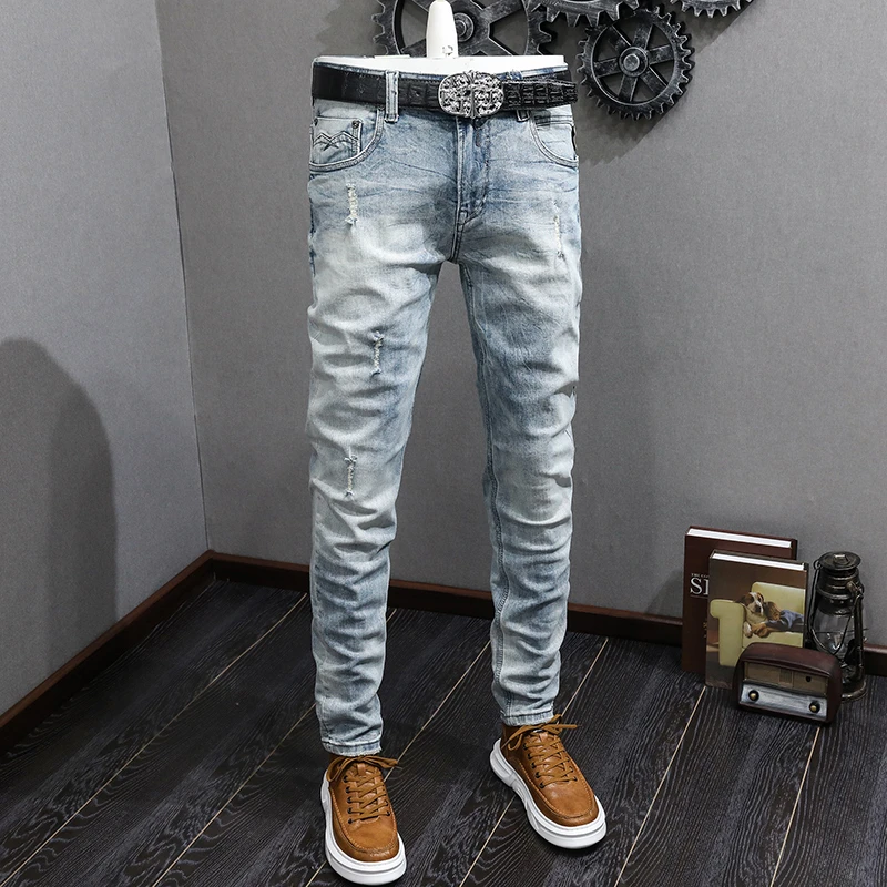 Italian retro new fashion designer embroidery men's jeans retro blue elastic Slim small straight men's pants casual jeans Hombre
