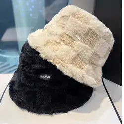 Fashion Winter Girl Boy Bucket Hat  Lamb Wool Letter Fisherman Hat Plaid Flat Top Hats Outdoor Thick Warm Panama Cap For Women