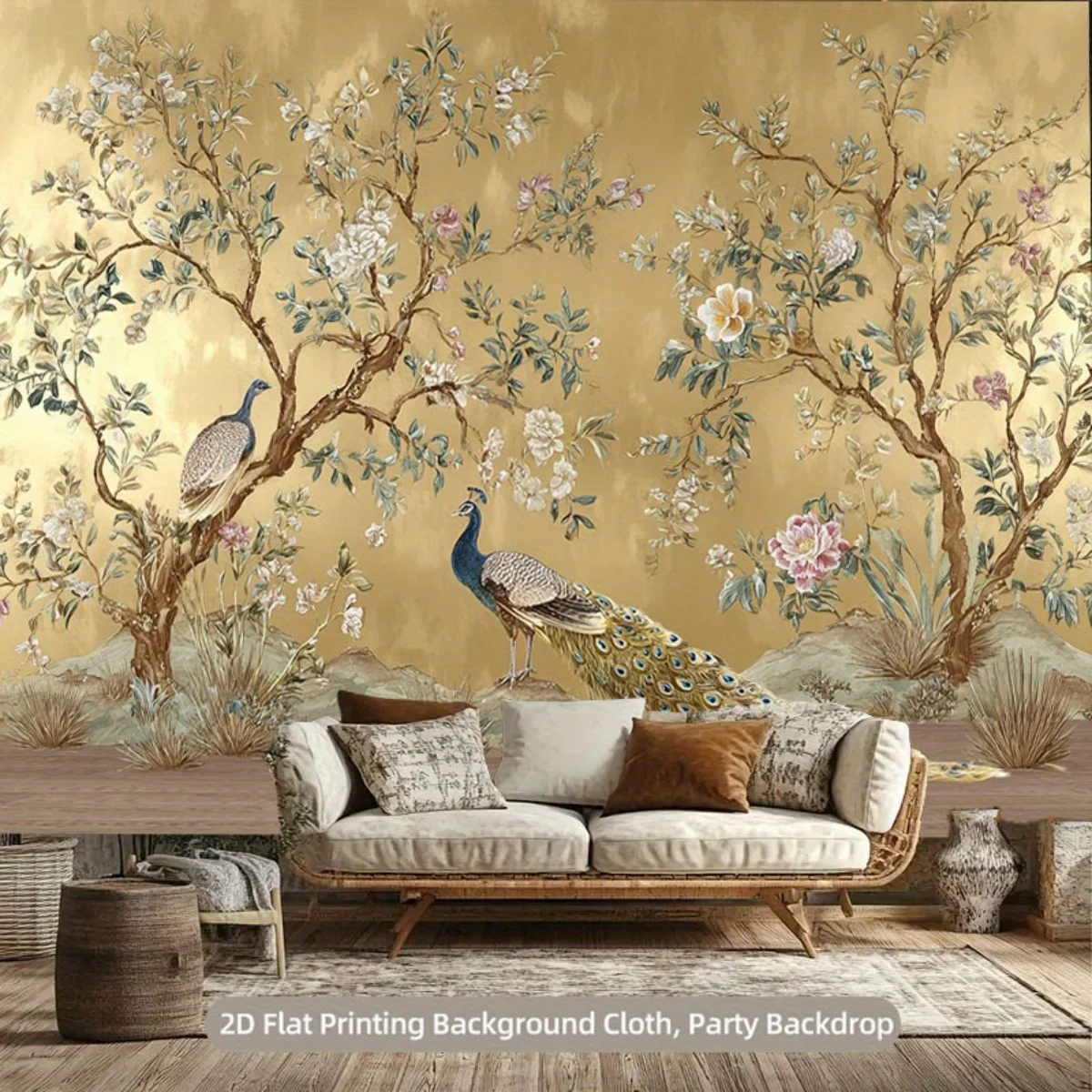 Elegant Peacock Wall Decor Tapestry – Oversized Gold Background Party Backdrop & Photography Banner