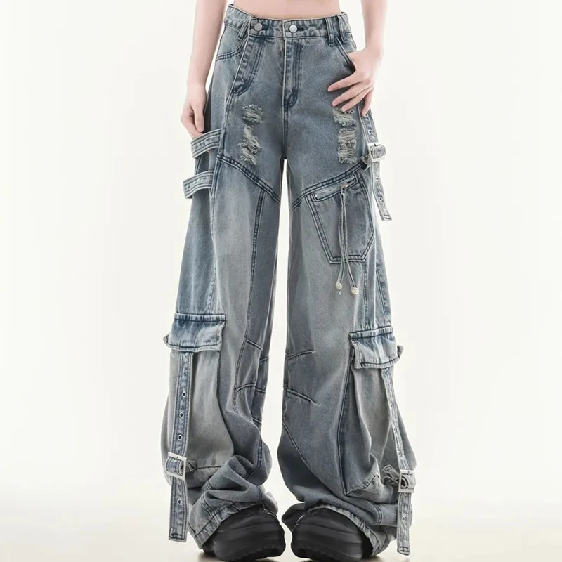 Women American Vintage Jeans Street Casual Wide Leg Denim Pants High Waisted Deconstructed Ripped Harajuku Y2K Loose Pants