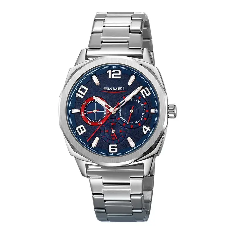 SkmeiFashion رجال الأعمال ووتش التقويم ستة دبوس مؤشر كوارتز ساعة رياضية للماء مضيئة حزام الصلب ساعة المعصم