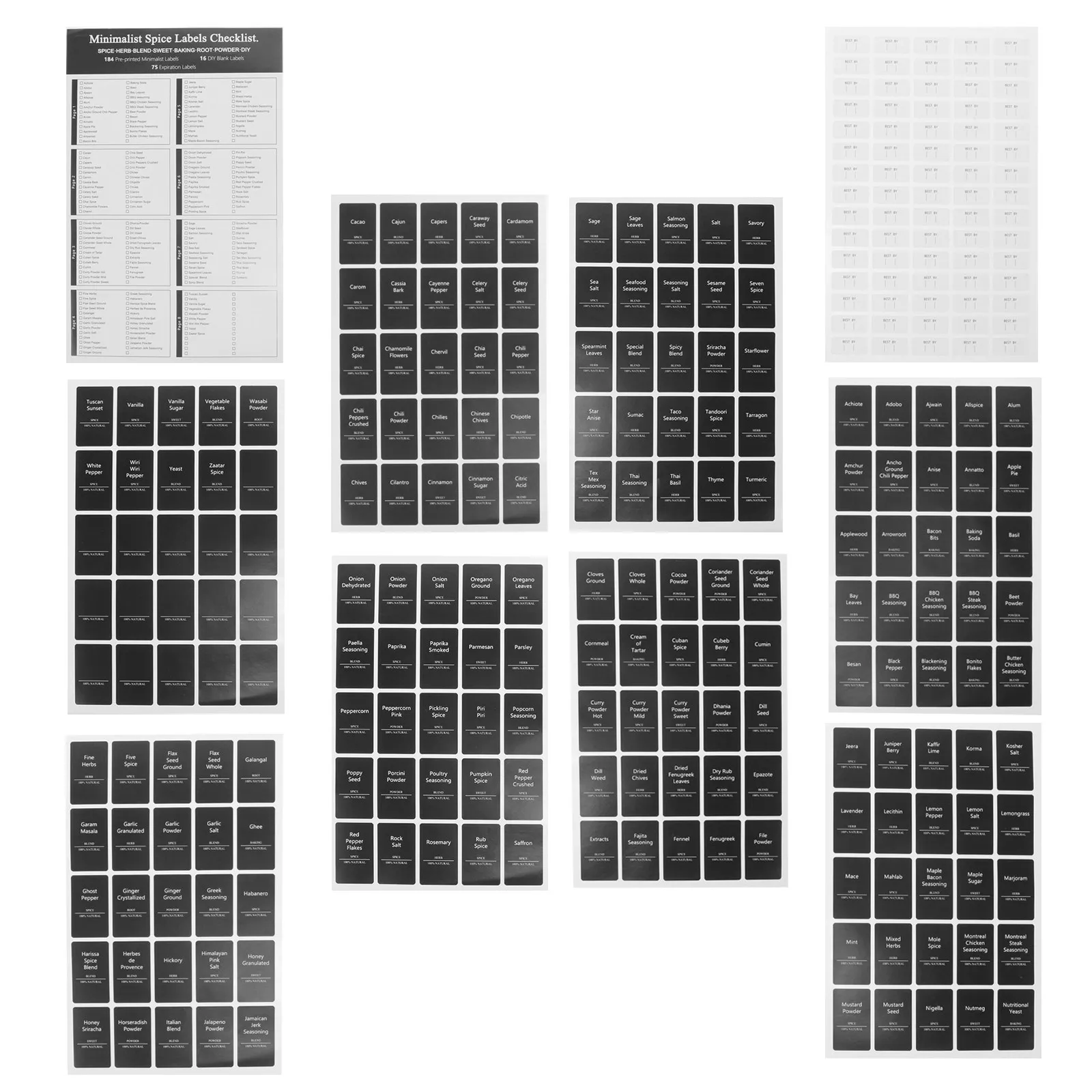 6Sheets Waterproof Oil-Resistant Self-Adhesive Label Stickers for Spice Bottles Jars Containers Kitchen Organization Marking
