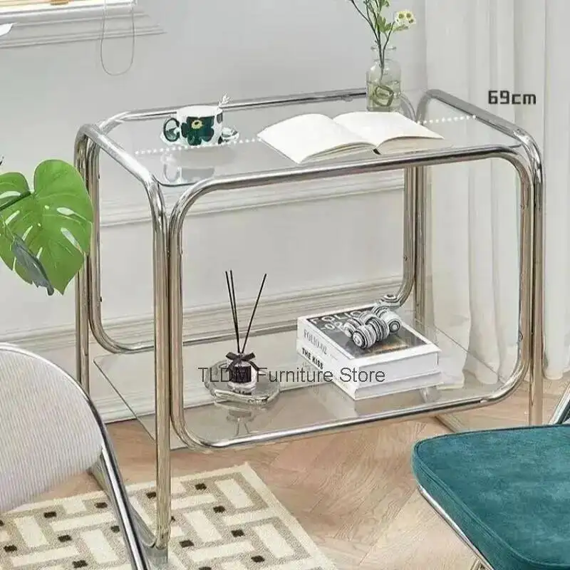 Side Minimalist Glass & Table, Chrome Accent Table, 2-Tier Modern Transparent Industrial End Table for Home Decor