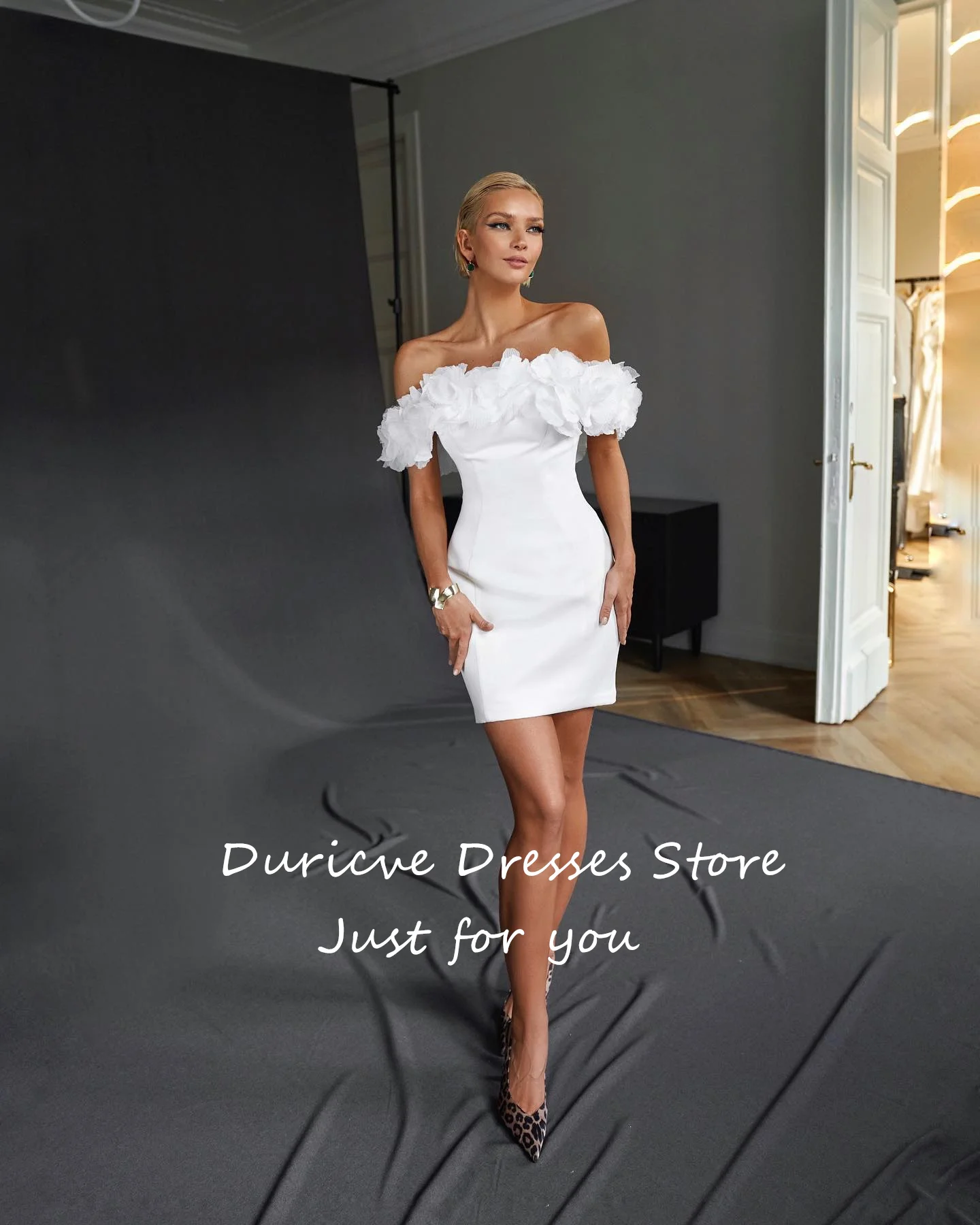 Duricve Customized Mini Satin Wedding Dresses Off the Shoulder 3D Flowers Short Civil Bridal Gowns After Party Dress