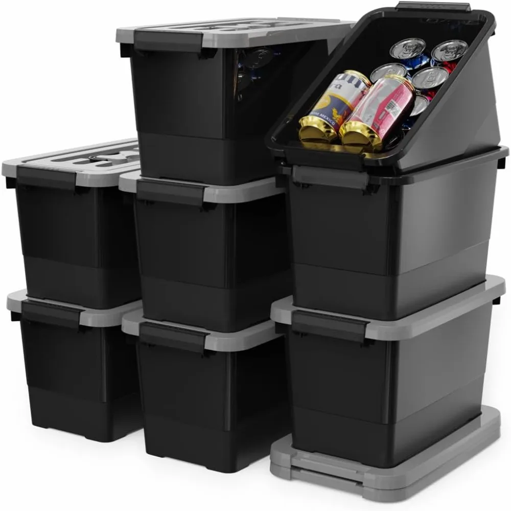 

7 Quart Storage Bins with Lids and Latch, 8-Pack Stackable Plastic Organizing Box with Buckle and Handle, (Black/Grey)