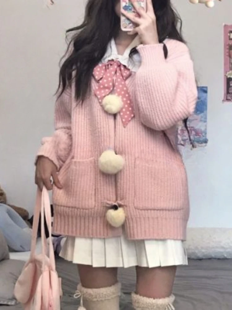 Japanese Sweet Preppy Style Knitted 2 Piece Set Pink Knit Cardigan + Pleated Skirt Women Clothes Winter Chic Harajuku Cute Suit