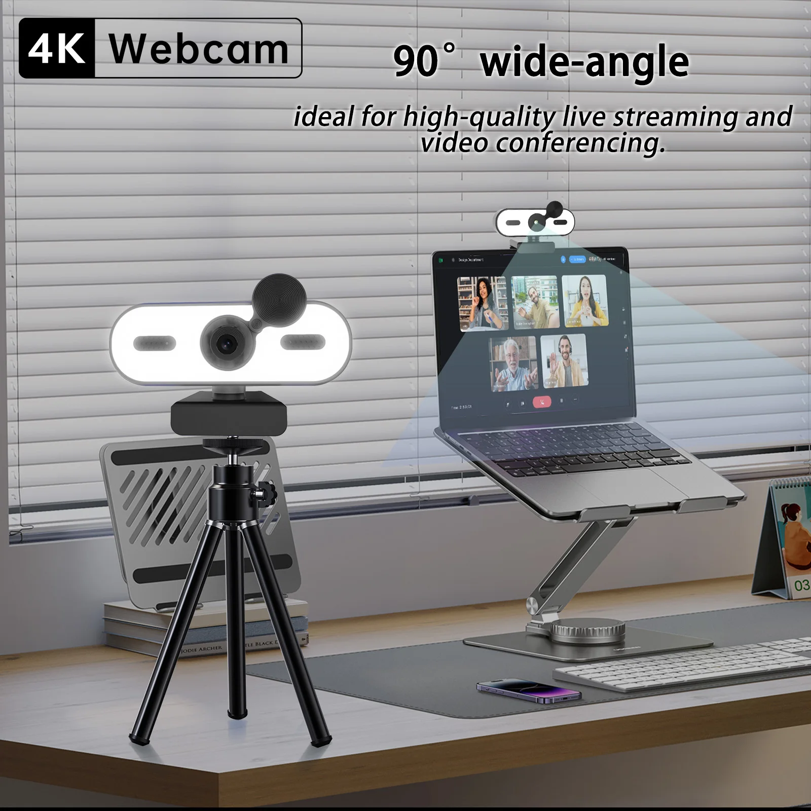 كاميرا ويب 4K UHD مع ضبط تلقائي للصورة، ضوء حلقي ثلاثي المستويات، غطاء للخصوصية، 360 درجة °   الدوران، حامل ثلاثي القوائم، التوصيل والتشغيل للبث ومكالمات الفيديو #2