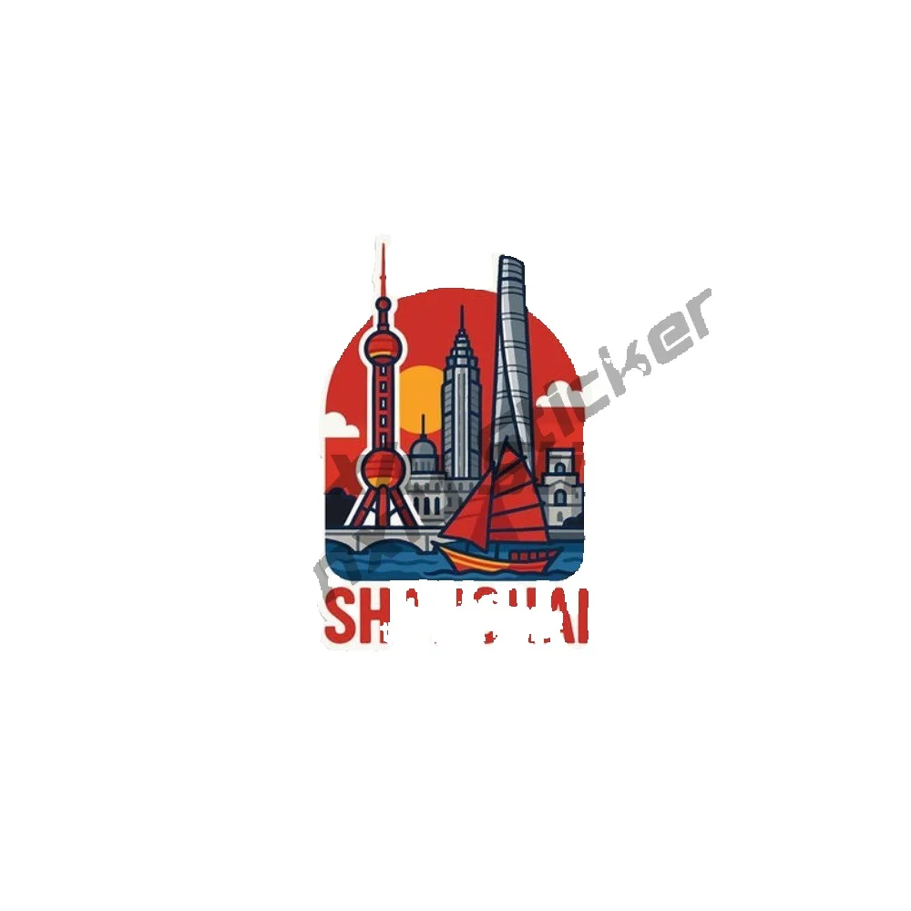 Shanghai China Travel Sticker Vinyl gestanst Decal City Skyline Landmark Design Waterdichte stickers Voorbumper Moto Suv Window - afbeelding 2