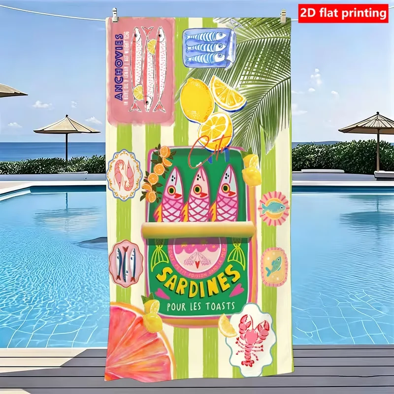 Retro Sardine Anchovy Seafood Print Beach Towel Vintage Citrus Lobster Art Sand Free Lightweight Towel for Beach Vacation Use