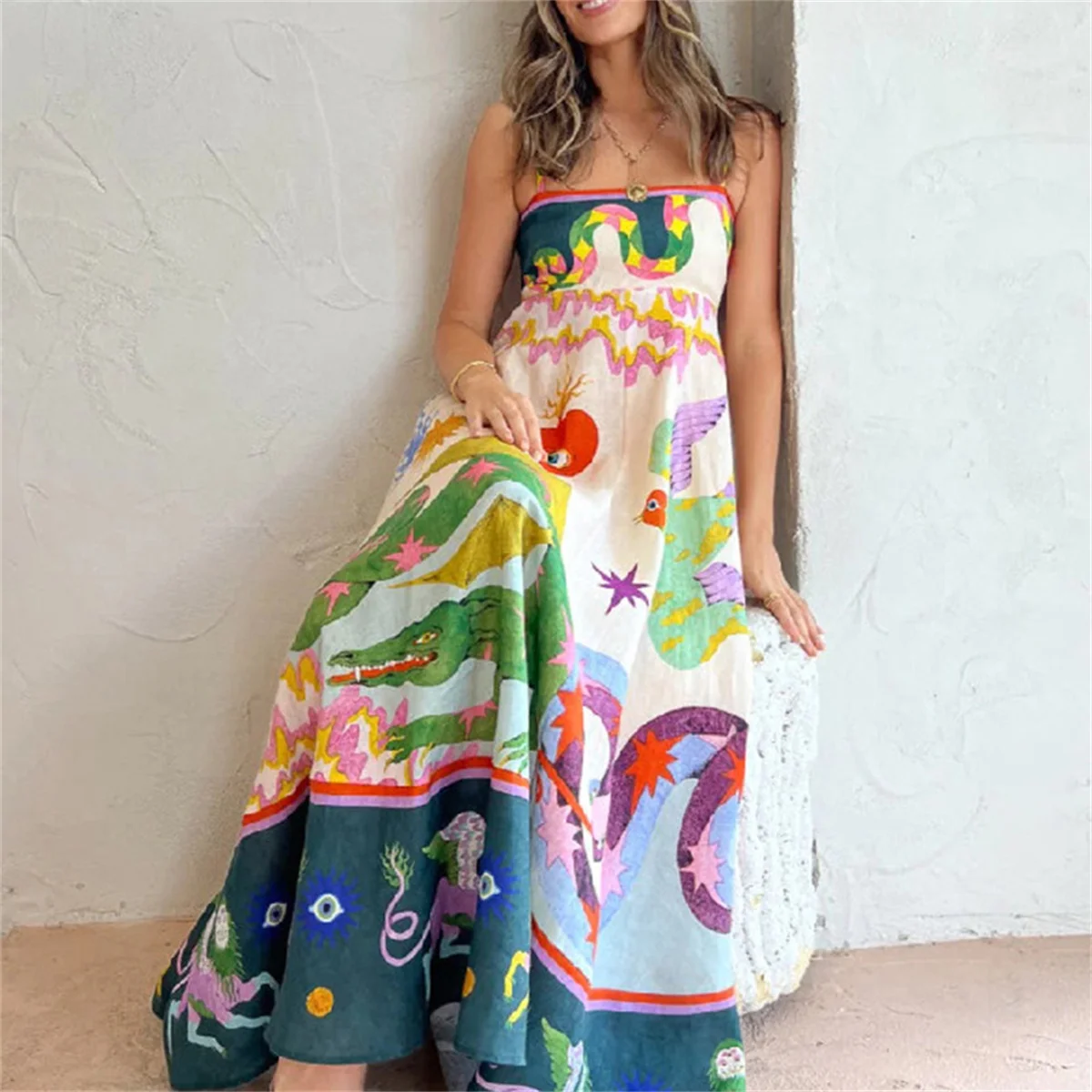 Women's Graffiti Print Sleeveless Large Hem Dress Ladies Holiday Style Casual Camisole Long Robe 2024 New Sexy Suspender Vestido