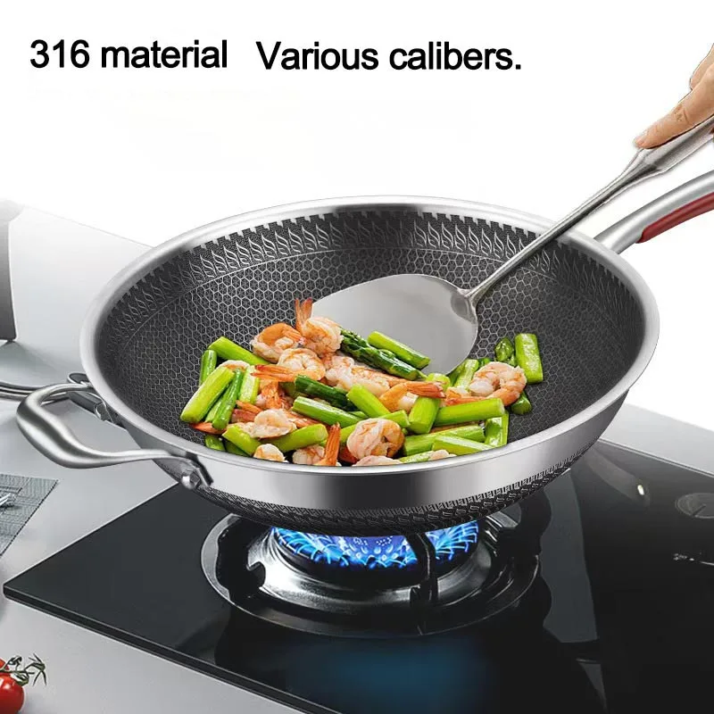 Stainless Steel Wok Honeycomb Non-Stick Pan Full Screen Uncoated Flat Bottom Pan Universal for Gas Stove 316 material quality