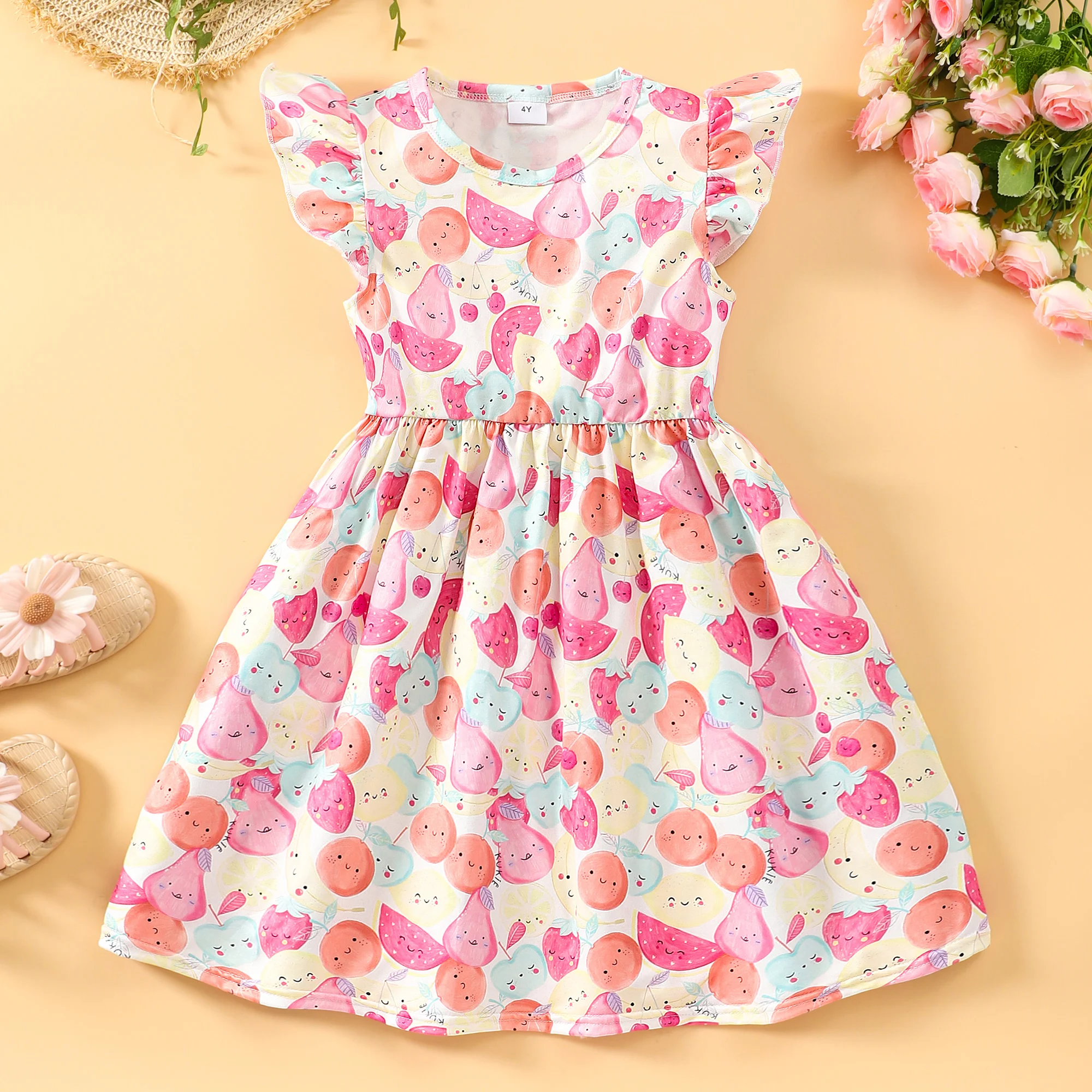 Butterflies Allover Ruffle Sleeve Dress For Girls, Comfy Breathable A-line Casual Dresses