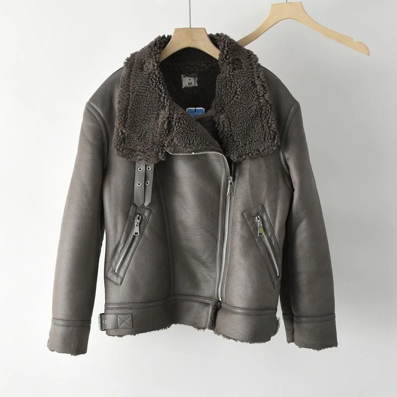 Lamb Fur Jaet Women's Winter Thi Warm Motorcycle ort Sle Faux Leather Hair Inteated Coat Chinese Brand Commute Sle