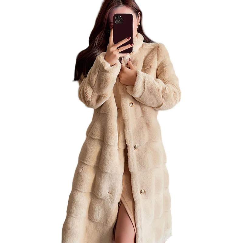 Winter Long Fur Coat Women Warm Stand Collar Single Breasted Fluffy Jacket Faux Fur Mink Coat Women's Trench Overcoat