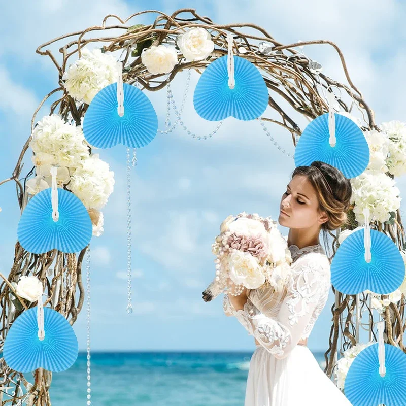 Heart-Shaped Folding Fans for Wedding Party, Home Decorations, White Paper, Decorative Craft Fans with Plastic Handles 30-100Pcs