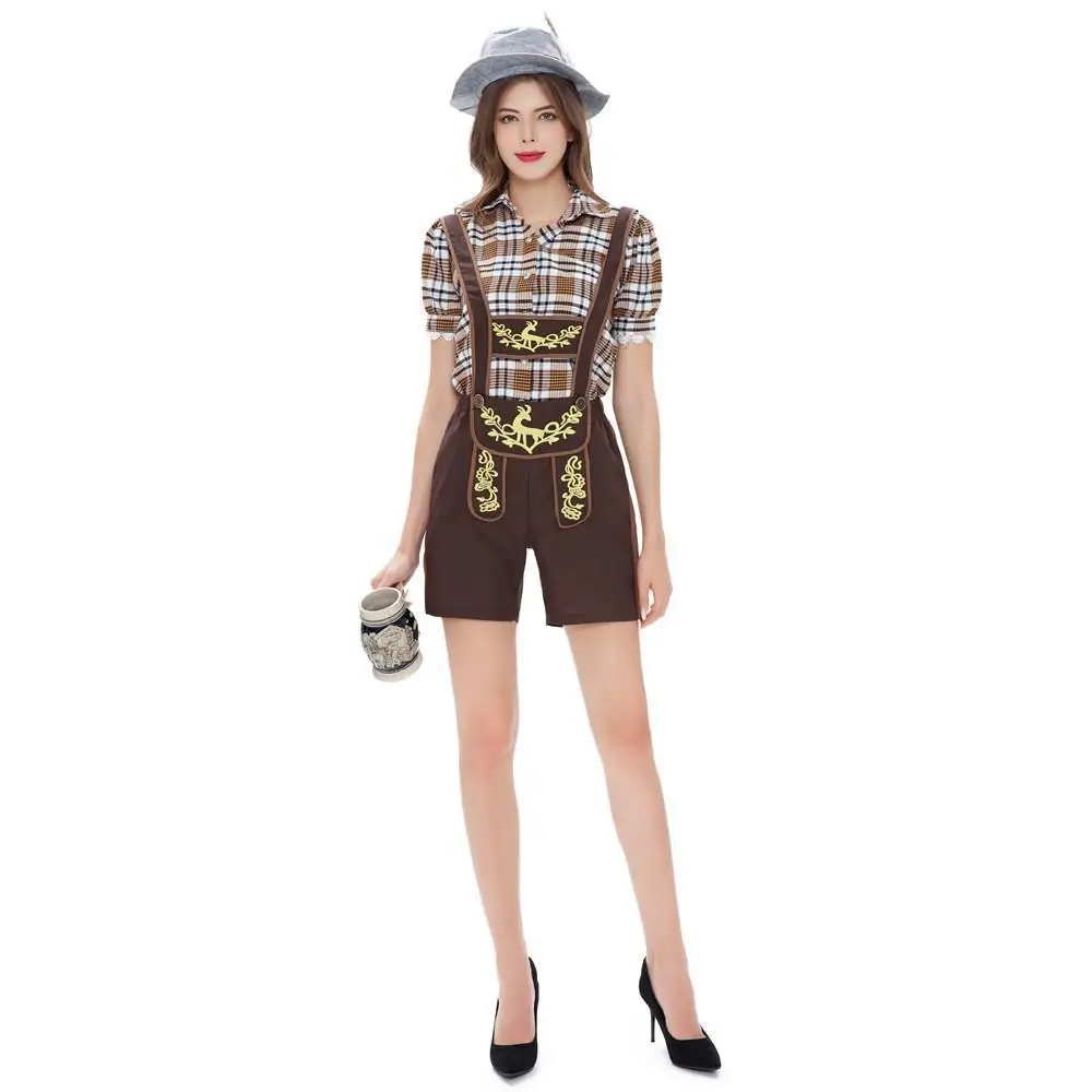 German Oktoberfest Costumes Set Women Bavarian Hat Beer Shirt Plaid Bavarian Stage Pants Short