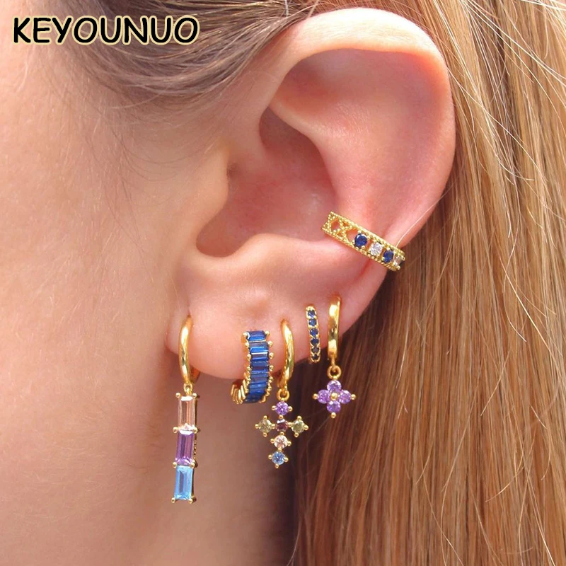 KYOUNUO Lucky Gold Plated Cross Dangle Earrings For Women Colorful Zircon Hoop Earrings Fashion Party Wedding Jewelry Wholesale