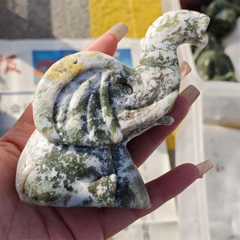 Natural Moss Agate Elephant Carving Statue Reiki Figurine Gemstone Animals Chakra Healing Product Gift 1pcs