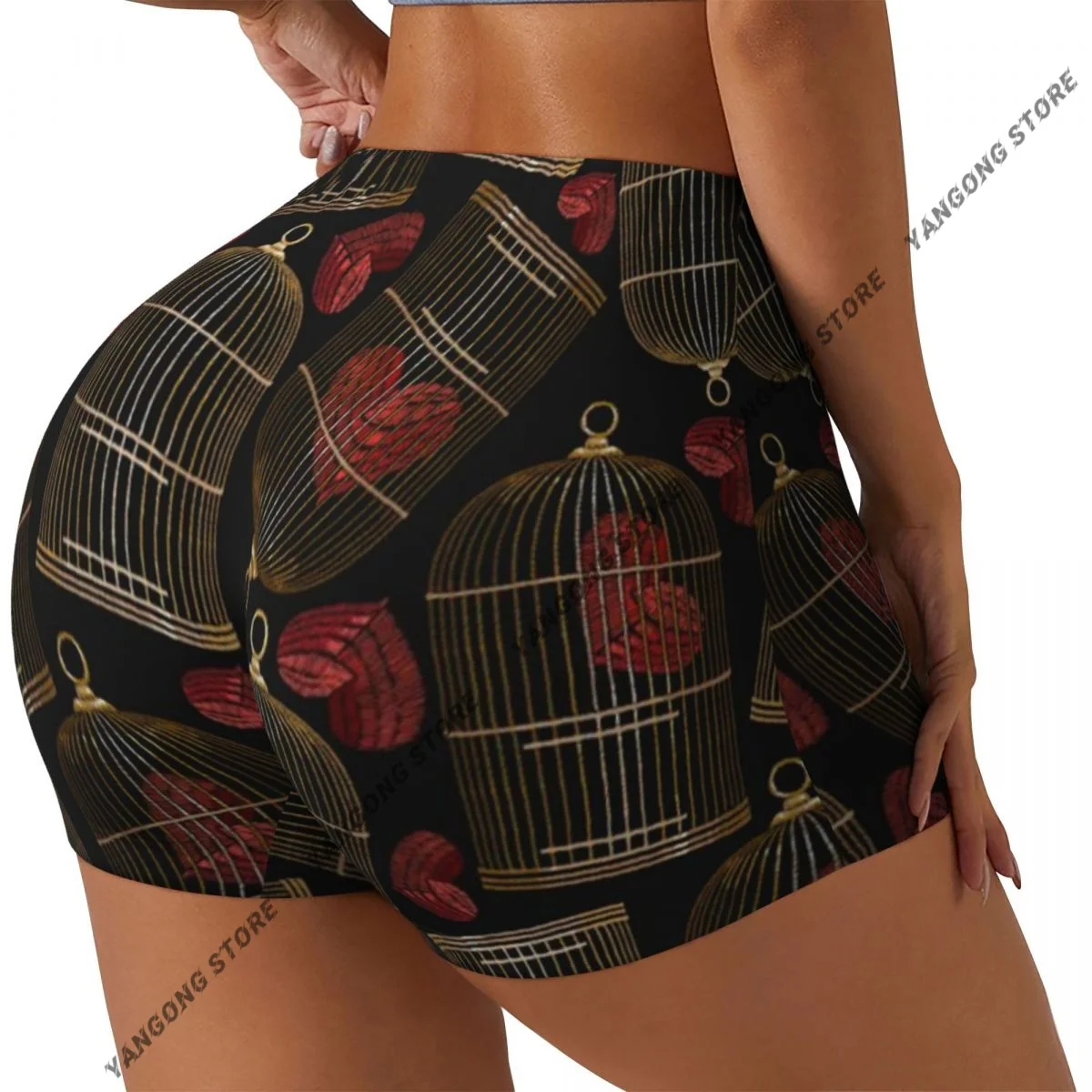 Women's Yoga Shorts Birds Cages And Hearts Symbol Scrunch Booty Butt Lifting Comfort Fitness Gym