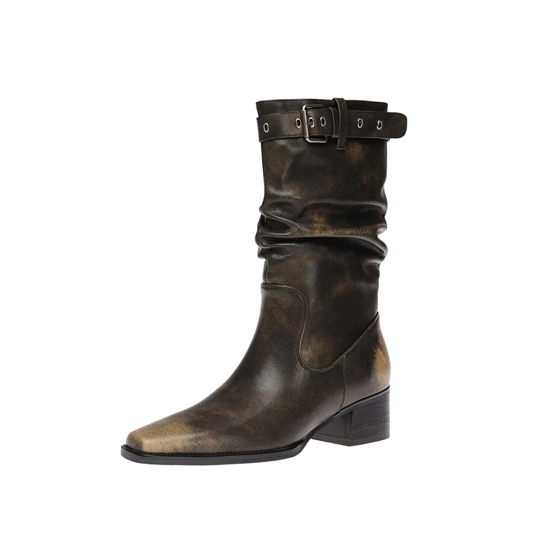Retro Concise Western Cowboy Leather Square Toe Boots Thick High Heels Mid-calf Boots Warm Knight Boots Female High Heel Shoes