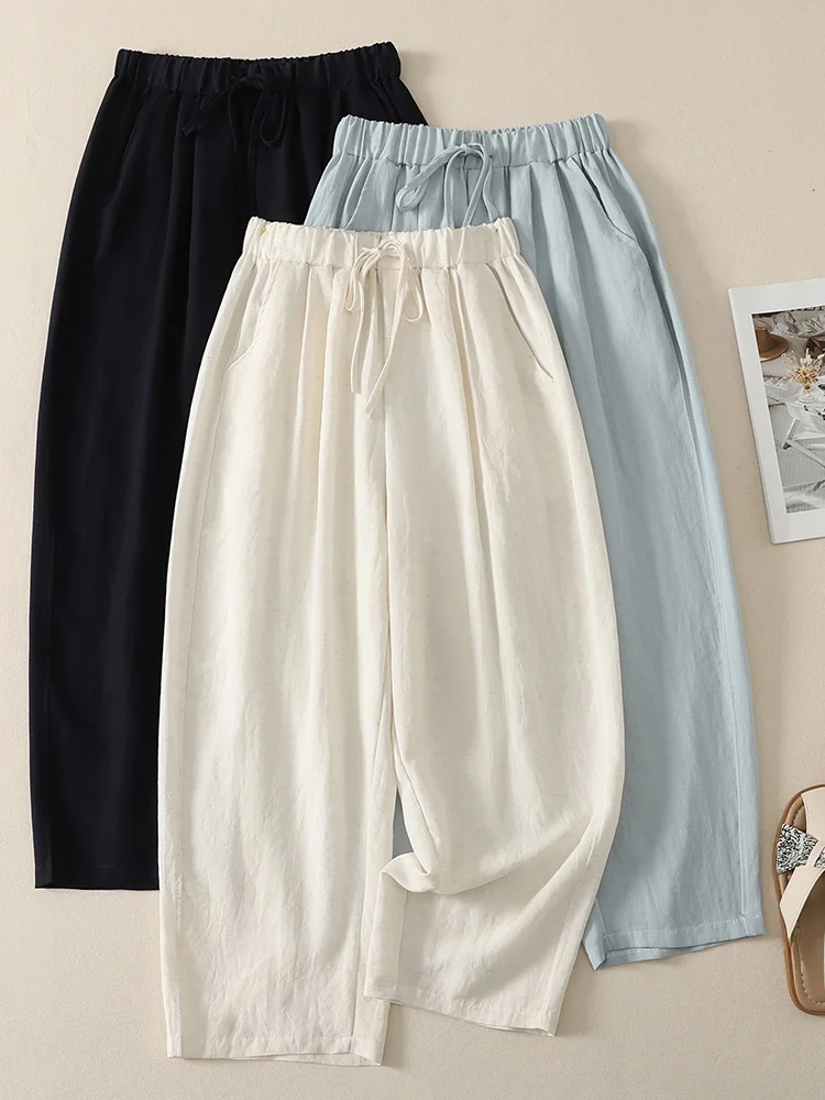 

High Waist Drapey Ice Silk Wide Leg Casual Pants plus Size Summer Thin Nine Points Ladies Comfortable Breathable Straight Cut...