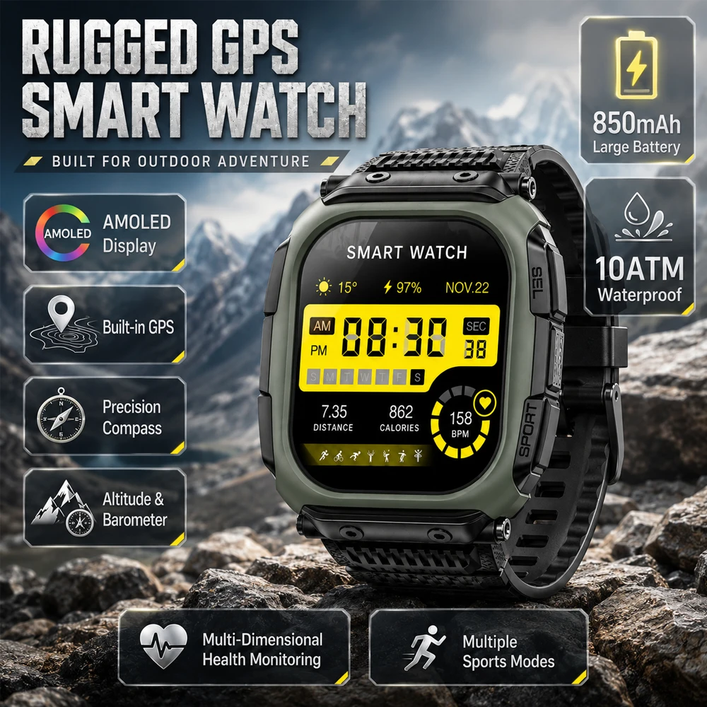 2026 Outdoor Smart Watch HD AMOLED 10ATM Waterproof  Altitude Barometer Compass Call 170Sports Modes BUILT-IN GPS Smart Watch