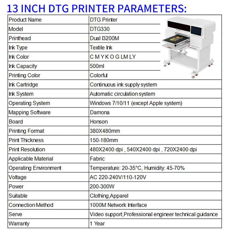 Fcolor 13 inch DTG Printer 8 Colors Direct to Garment Printer Dual I3200M Printheads T-Shirt Printing Machine for Hoodies Pants