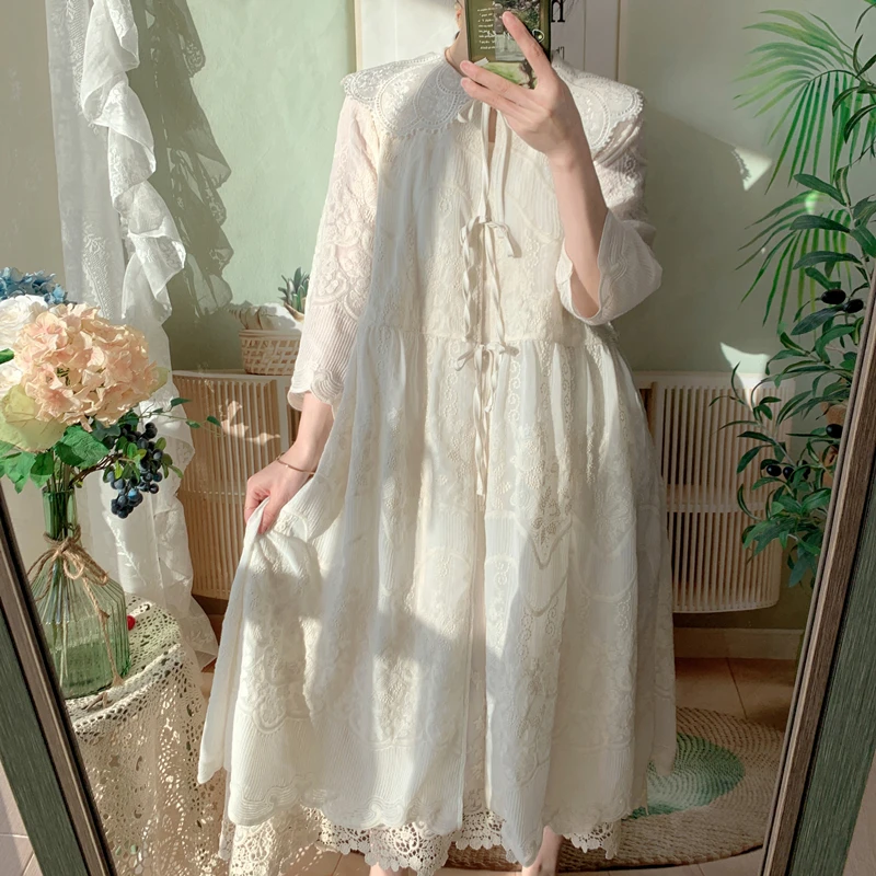 

TIYIHAILEY Spring Summer Women White Embroidery Chiffon Lace Outerwear Lace Up Three Quarter Sleeve Long Mid-Calf Loose Cardigan