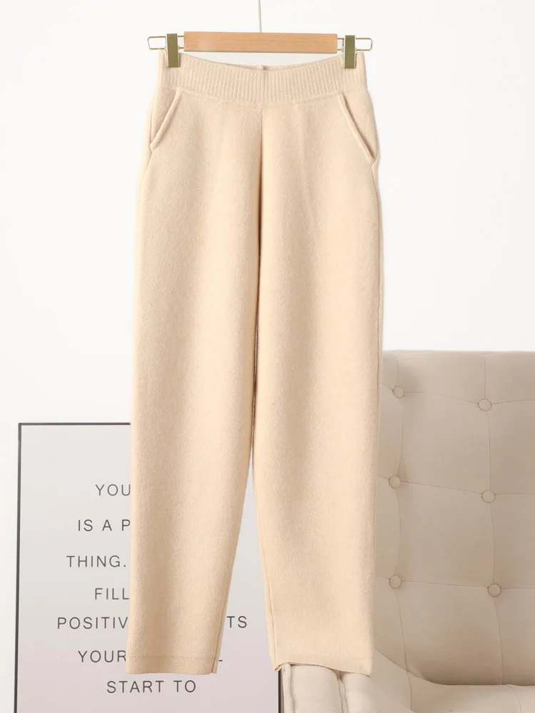 Autumn Winter Women's Pencil Pants 100% Merino Wool Pants Knit Wide Leg Basic Thick Warm Cashmere Trousers Elastic Casual Pants